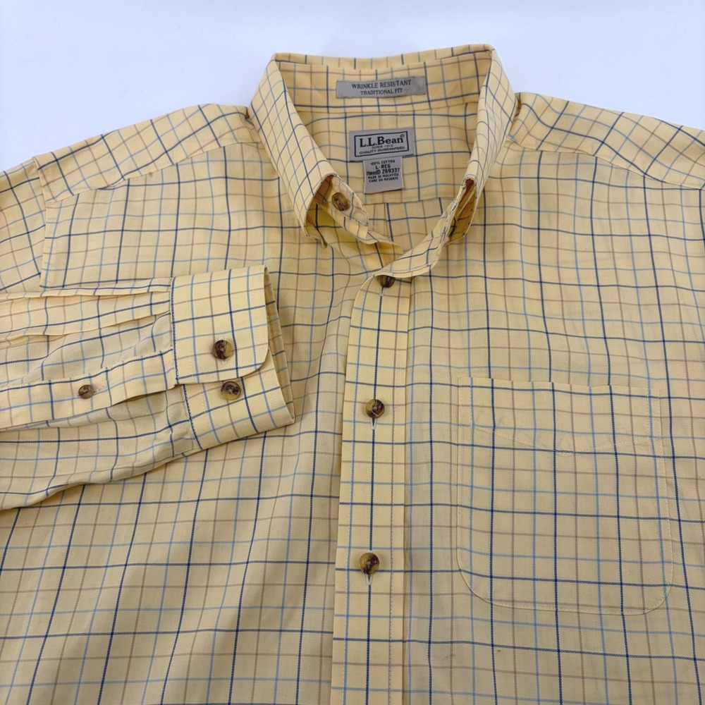 LL Bean Mens L Yellow Tattersall Check Shirt Wrinkle‎ Resistant Traditional Fit